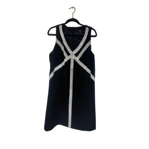 Kelly & Diane Black Geometric Trim Sheath Dress Sz 16 Sleeveless V-Neck Cocktail